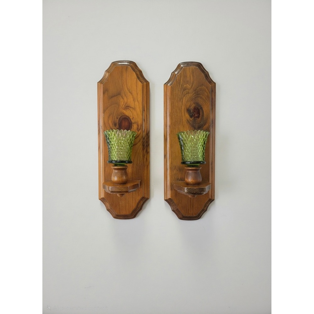 Vintage Wood Wall Sconces Pair Green Diamond Point Glass Peg Lamps Mid Century